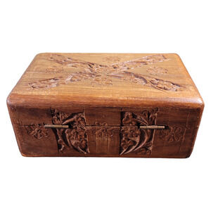 Vintage Hand Carved Rosewood Floral Trinket Box Blue Felt Lined 6x4 Rustic Decor